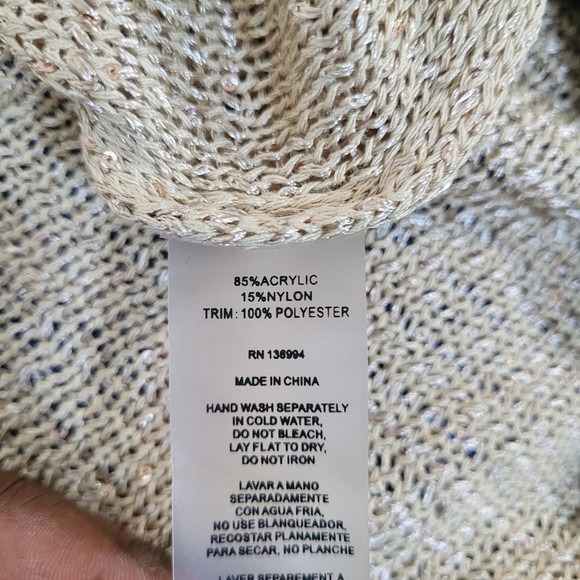 Sioni Women's Beige Metallic Sequin Long Sleeve Open Knit Sweater Size Small - Picture 9 of 9